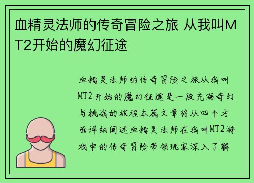 血精灵法师的传奇冒险之旅 从我叫MT2开始的魔幻征途